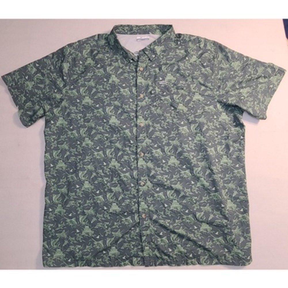 Columbia PFG Fishing Shirt 3X Tall Blue Marlin Boat Print Vented Short Sleeve